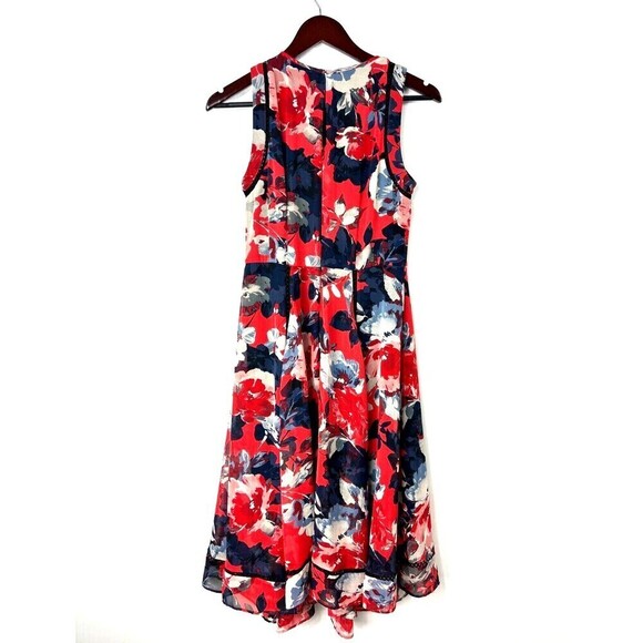Just Taylor Women Sz 6 Red Navy Floral Dress Eyelet Stitching Sleeveless Midi E - Picture 2 of 13